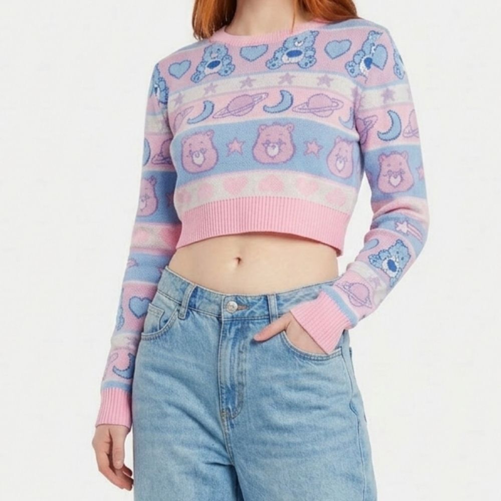 Dolls Kill x Care Bears Snuggle Me Softly Crop Sweater Celestial Fairisle Pink